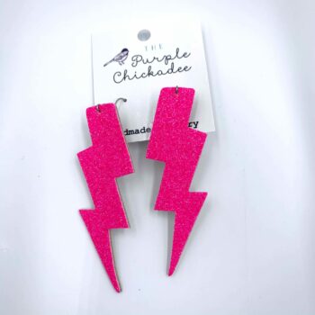 Hot Pink Glitter Lighting Bolt Leather Earrings