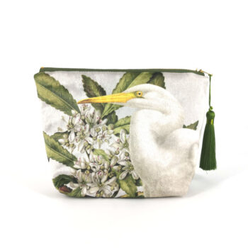 NZ Birds & Botanicals Velvet Cosmetic Bag - White Heron and Tawari