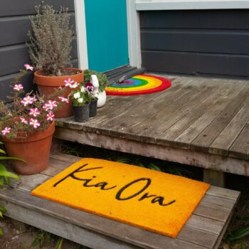 Coir Doormat - Kia Ora Kowhai Yellow and Te Reo Rainbow