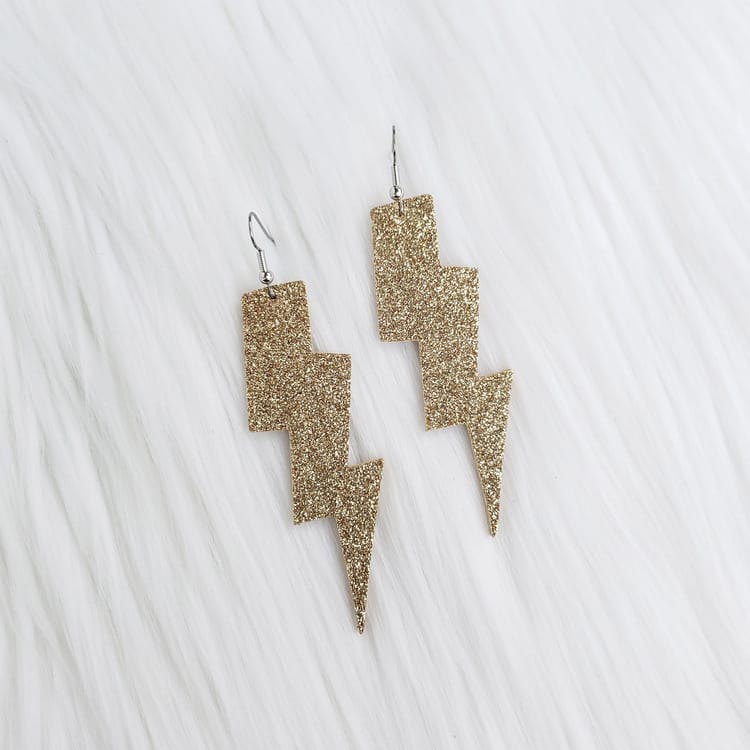 Lighting Bolt Leather Earrings - Gold Glitter