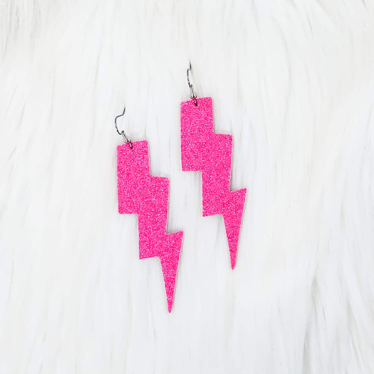Lighting Bolt Leather Earrings - Hot Pink Glitter