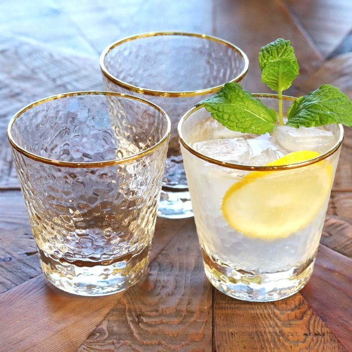 Hammered Glass with Gold Rim Set of 4