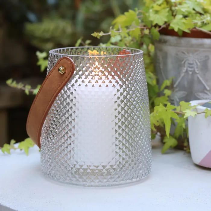 Quilted Glass Vase Hurricane Lamp with Leather Handle