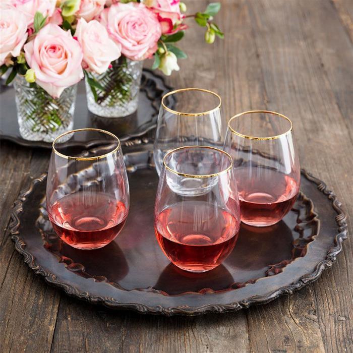 Stemless Wine Glass With Gold Rim Set Of 4