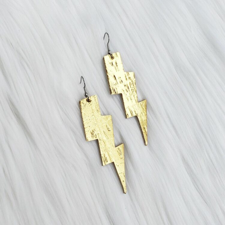 Lightning Bolt Leather Earrings - Metallic Gold