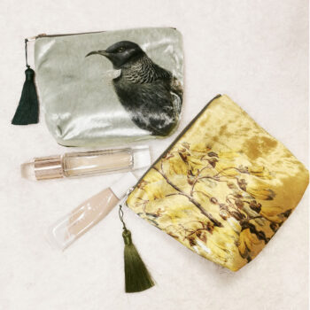Velvet Cosmetic Bags Hushed Green Tui and Vintage Botanical Kowhai