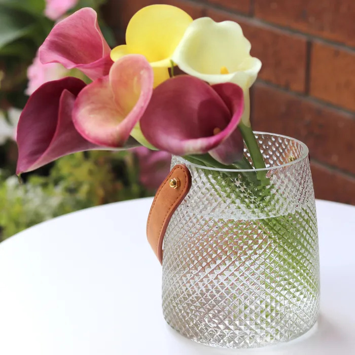 Quilted Glass Vase Hurricane Lamp with Leather Handle