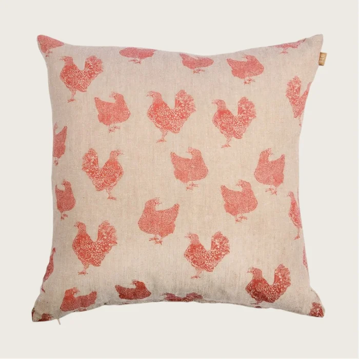 Henrietta Hen Print Recycled Cotton Cushion 45x45cm – Fig Pink