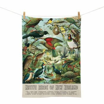 Immerse yourself in the avian beauty of Aotearoa with the "Native Birds of New Zealand Tea Towel". Crafted from high-quality 100% cotton, this tea towel boasts a vibrant reproduction of J.G. Keulemans' illustrious artwork from Walter Buller's "A History of the Birds of New Zealand". Not only is it a functional kitchen accessory, but it also serves as an educational poster with a printed key at the bottom to help you identify each bird species depicted. Bring a piece of New Zealand's natural heritage into your home with this stunning and practical homage to its native birds. Care: Machine washable, max 40°C. Iron on reverse.