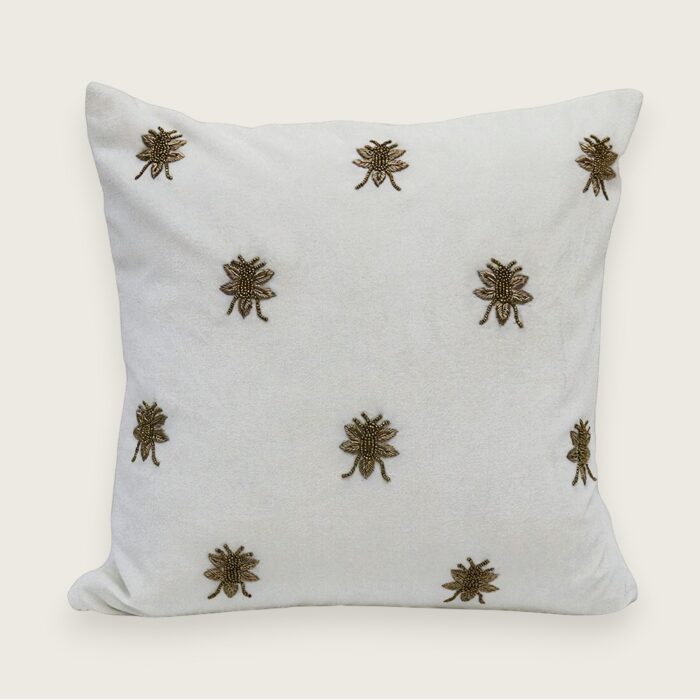 Cotton Velvet Bee Embroidered Cushion - Ivory