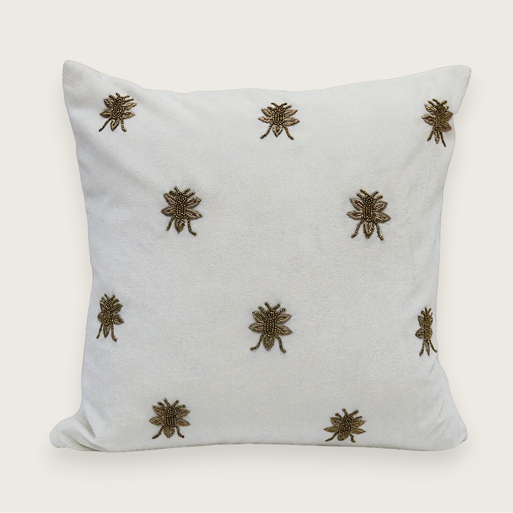 Cotton Velvet Bee Embroidered Cushion - Ivory