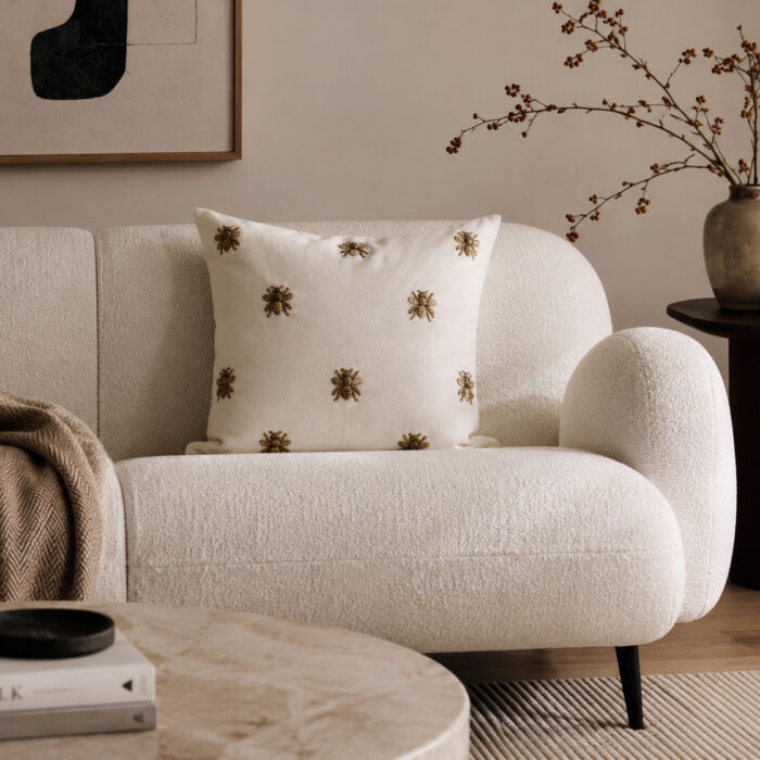 Cotton Velvet Bee Embroidered Cushion - Ivory