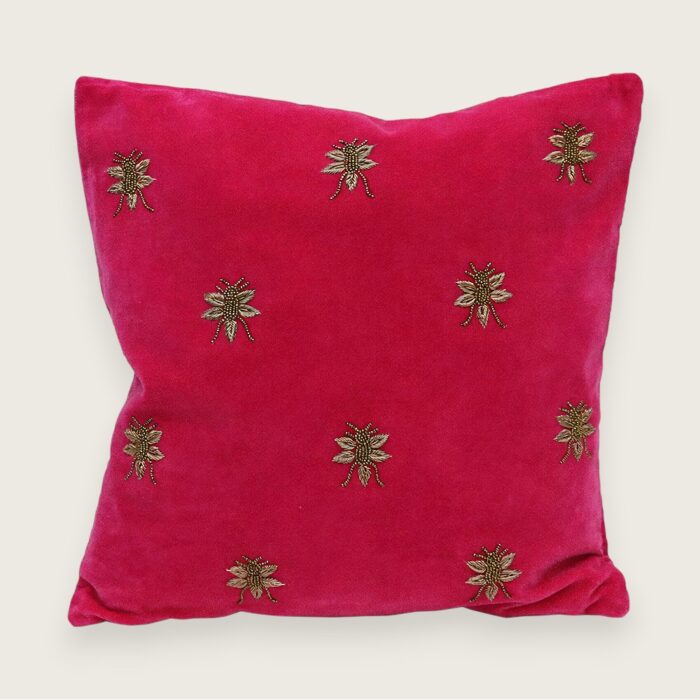 Cotton Velvet Bee Embroidered Cushion - Pink