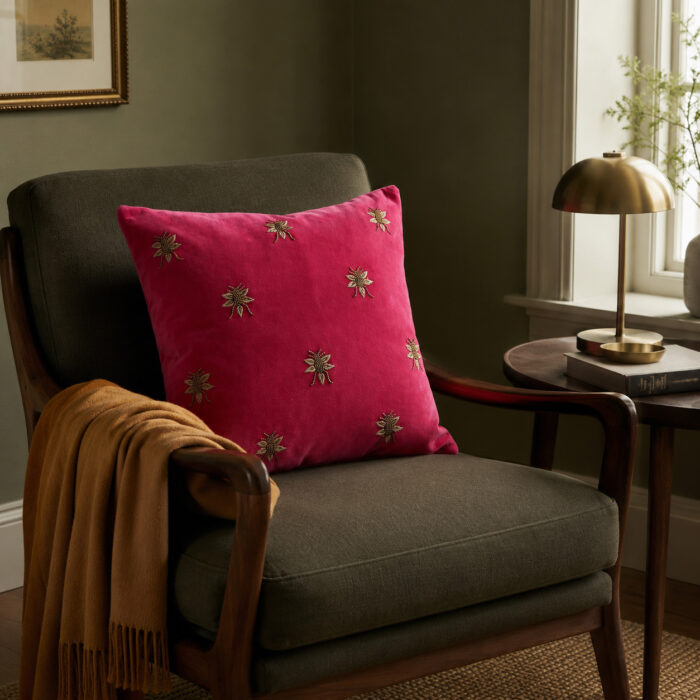 Cotton Velvet Bee Embroidered Cushion - Pink