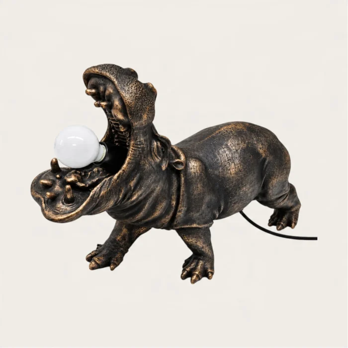 Sculptural Hippo Resin Table Lamp 34cm in Black & Bronze