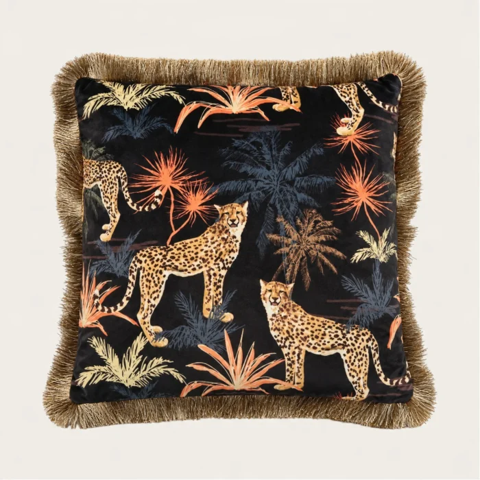 Cheetahs & Palms Fringed Velvet Cushion 45x45cm