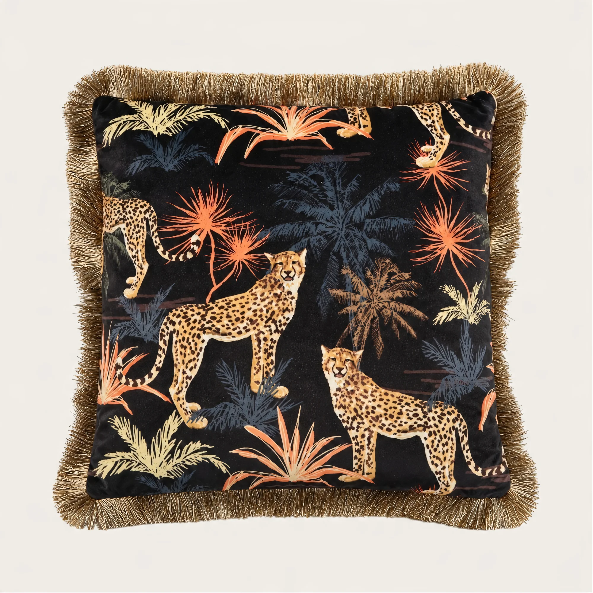 Cheetahs & Palms Fringed Velvet Cushion 45x45cm