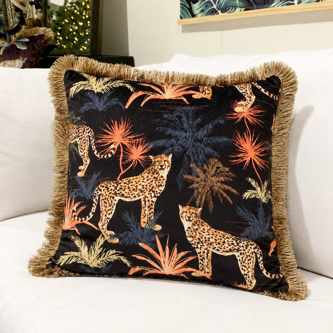 Cheetahs & Palms Fringed Velvet Cushion - Image 2