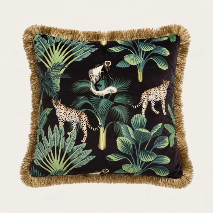 Cheetahs & Palms Fringed Velvet Cushion 45x45cm