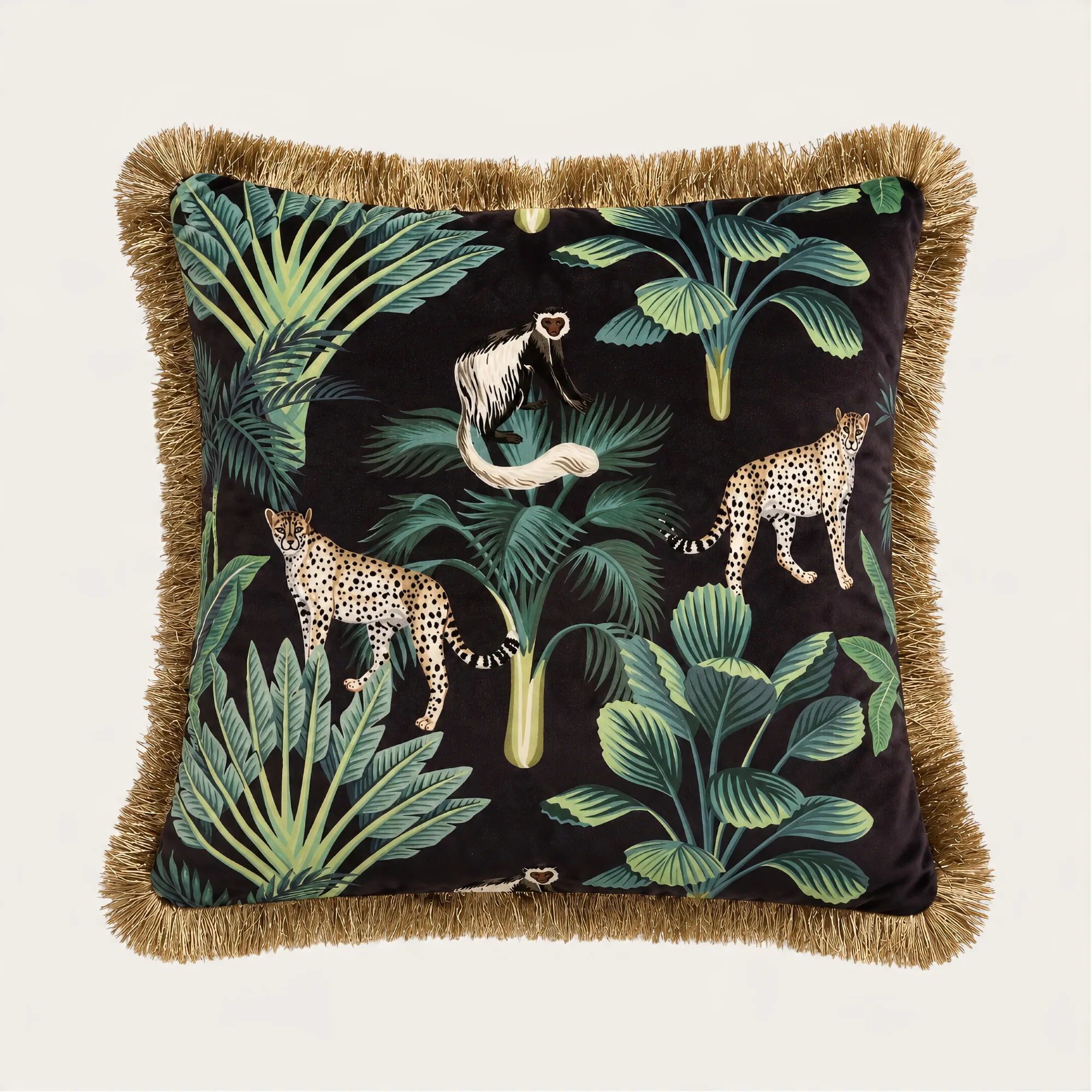 Cheetahs & Palms Fringed Velvet Cushion 45x45cm