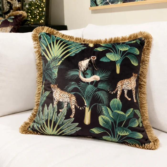 Cheetahs & Palms Fringed Velvet Cushion 45x45cm